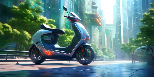 A modern electric scooter zooming along a futuristic city street surrounded by sleek buildings adorned with vertical gardens