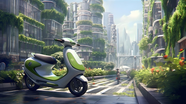 A modern electric scooter zooming along a futuristic city street surrounded by sleek buildings adorned with vertical gardens