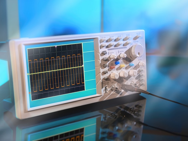 Oscilloscopio elettronico moderno su sfondo astratto