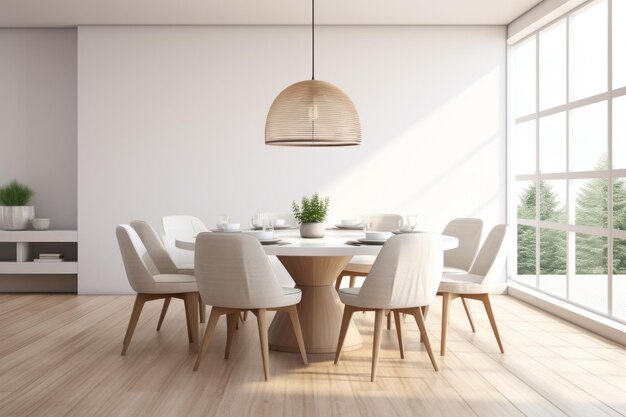 Photo modern elegance a 3d rendering of a contemporary dining room with white walls wooden flooring rou