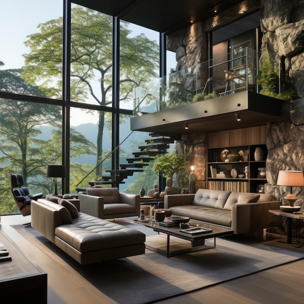 Modern Elegance with Natural Elements Sleek Furniture Stone Accents and Nature Views