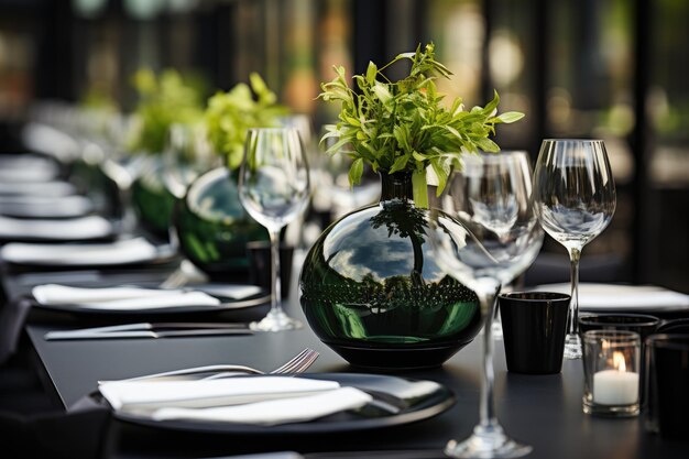 モダンなイベントテーブルと食器をミニマリストなスタイルで設定する 広告食品写真