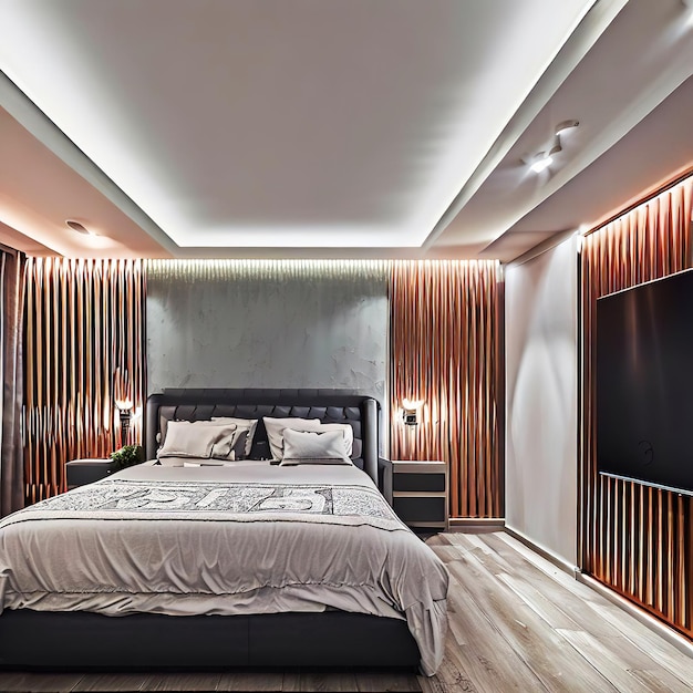 Modern and elegant interior design for the parents' bedroom measuring with a bed for two people Aigenerated