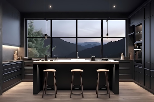 Modern and elegant kitchen with black and wooden cupboards and big window with blinds