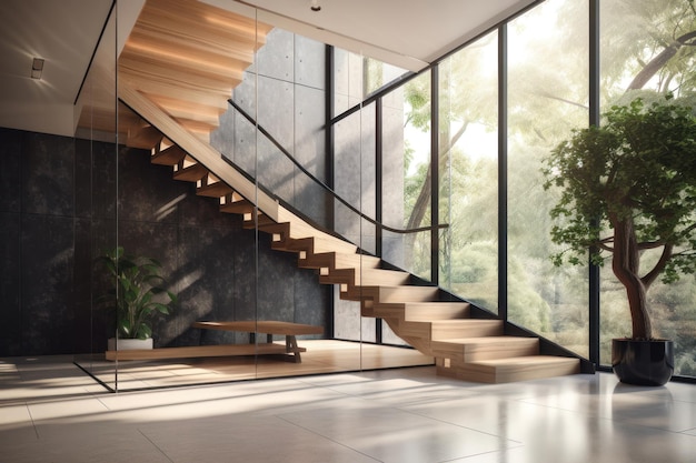 Modern elegant L shape wood cantilever stair with black granite base staircase AI generated
