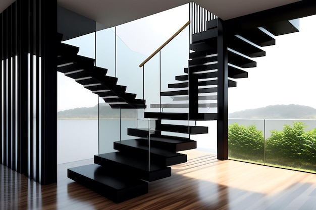 검은색 화강암 베이스 계단 강화 유리창이 있는 현대적이고 우아한 L 모양의 목재 캔틸레버 계단
