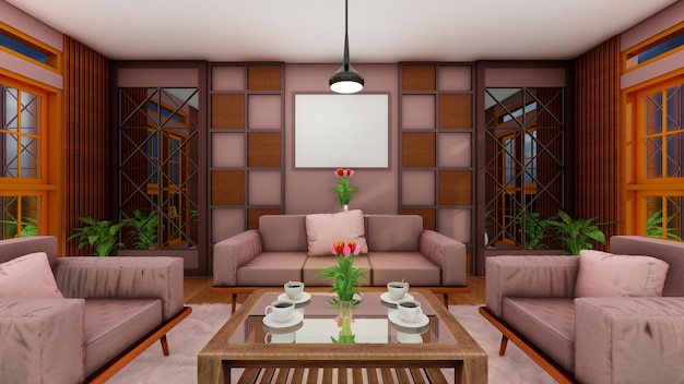 Современная элегантная гостиная с диваном и настенным макетом. 3d визуализация