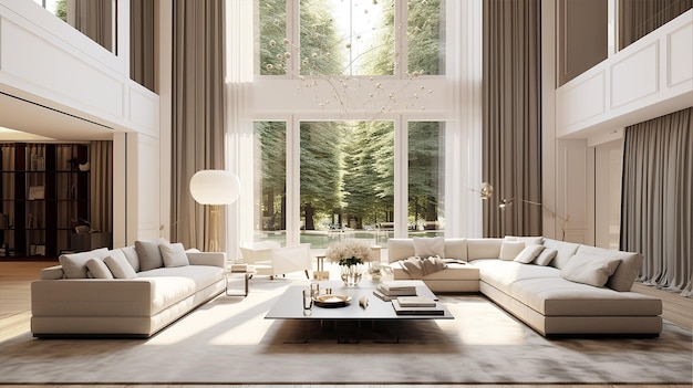 modern elegant luxurious high ceiling living room with big windows with curtains