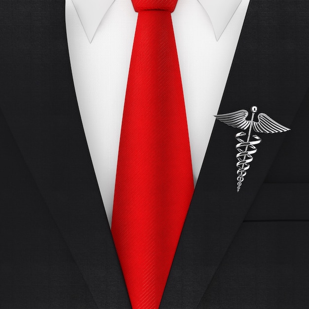 Premium Photo  Modern elegant man suit with red necktie and silver medical  caduceus symbol extreme closeup . 3d rendering