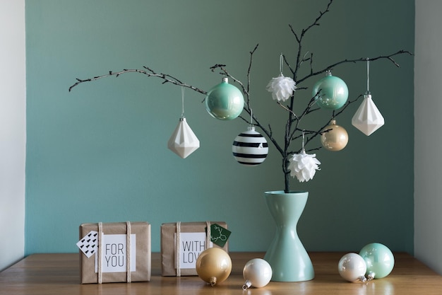 Photo modern and elegant simple nordic christmas decor in black and turquoise colors