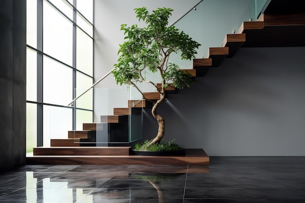 Modern and Elegant Staircase with Black Cement Stone Glass Panel and Stainless Steel Handrail Perfect for Interior Background of Polished Concrete Wall Hall Ai Generative