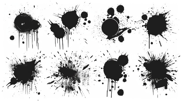 Modern elements with the characteristics of a spray paint set isolated on a white background Ink blots ink stains black lines and drips graffiti style ink blots