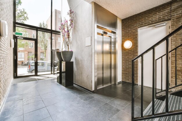 Modern elevator in apartment building hall