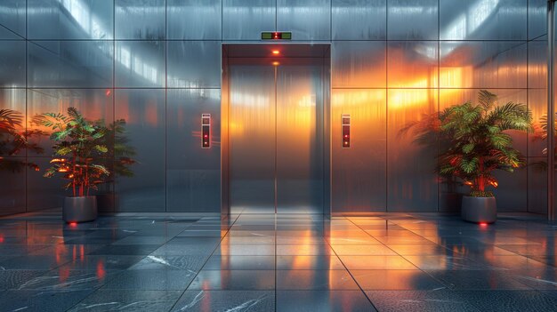 Modern elevator interior with reflective metal walls and warm lighting