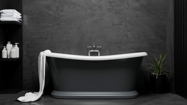 Vasca da bagno moderna ed elegante nella rappresentazione 3d della parete interna del sottotetto del bagno di lusso nero