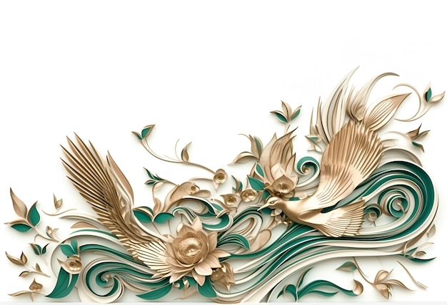 Modern emerald green and gold floral design with a bird on a white background AI generated