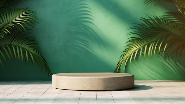 Modern emerald green round table tropical palm tree in sunlight shadow on blank beige Generative AI