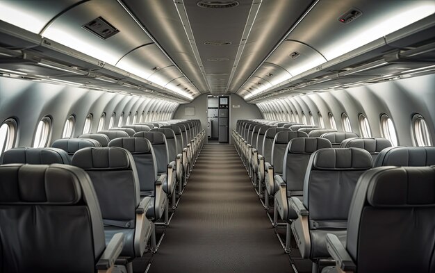 Modern empty airplane inside view with passenger seats