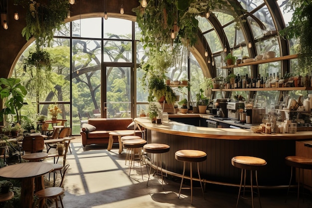 Modern empty coffee shop trendy interior design with wood and greenery