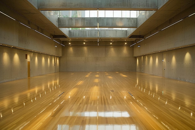 Modern Empty Dance or Ballet Studio with Wooden Floor Mirrors and Bright Windows