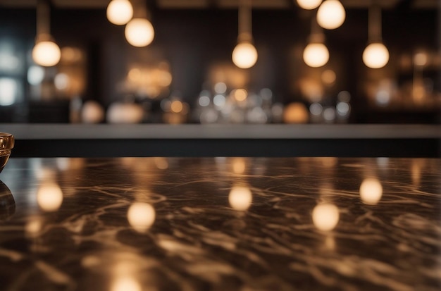 Photo modern empty dark gold marble table top on blurry bokeh room interior background or restaurant holi