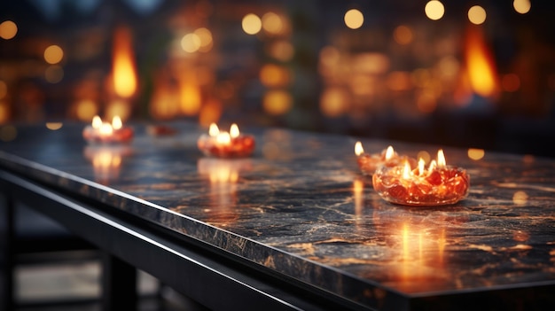 Photo modern empty dark marble table top on blurred bokeh background for product demonstration mounting