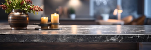 Modern empty dark marble table top or kitchen island on blurry bokeh kitchen room interior background for montage product display