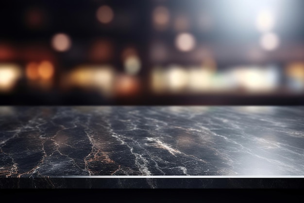 Modern empty dark marble table top or kitchen island on blurry bokeh kitchen room interior background for montage product display