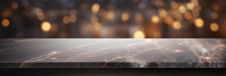 Photo modern empty dark marble table top or kitchen island on blurry bokeh kitchen room interior background for montage product display