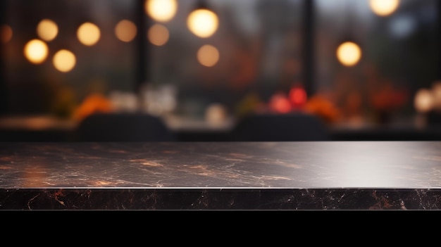 Foto moderno tavolo di marmo scuro vuoto o isola di cucina su un interno di cucina bokeh sfocato