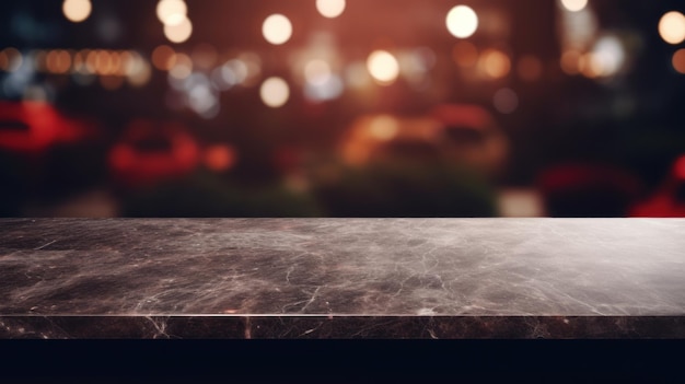 Modern empty dark marble table top or kitchen island on blurry bokeh kitchen room interior