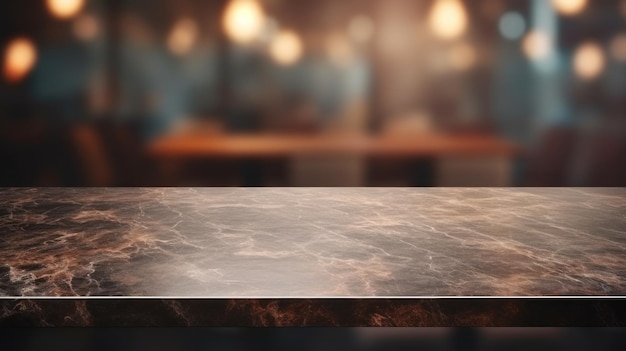 Foto moderno tavolo di marmo scuro vuoto o isola di cucina su un interno di cucina bokeh sfocato