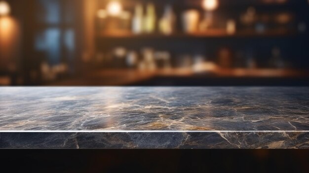 Photo modern empty dark marble table top or kitchen island on blurry bokeh kitchen