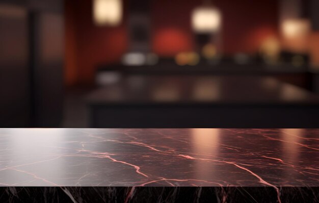 Photo modern empty dark marble tabletop or kitchen island on blurry bokeh kitchen