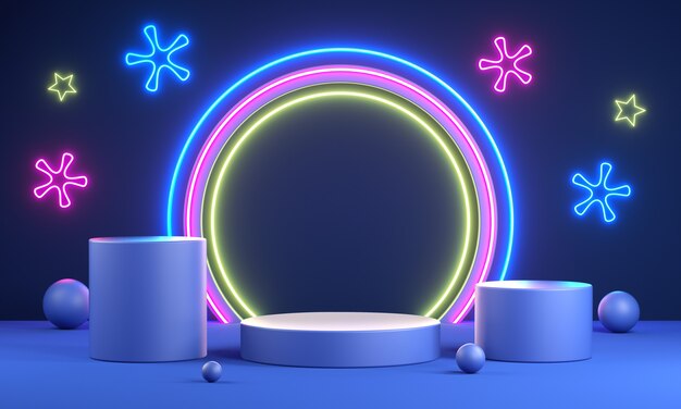 Modern Empty Display Neon Led Party Cerebrate Set. 3d Render