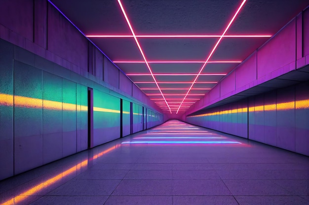 네온 사이버펑크 스타일의 현대적인 빈 미래형 방 현실적인 영화 조명 사이버 건물의 템플릿 레이아웃 분홍색 및 파란색 조명 벽 3D 그림이 있는 대형 복도