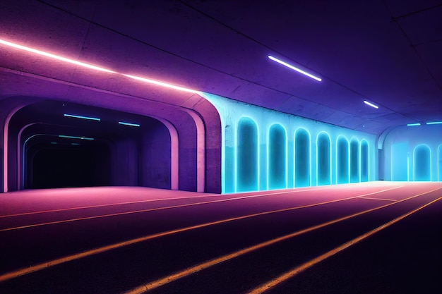Modern empty futuristic room in neon cyberpunk style realistic cinematic light template layout of cyber premises rooms parking lot with blue neon light and purple color tunnel 3d illustration