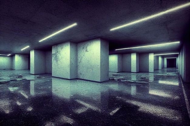 네온 사이버펑크 스타일의 현대적인 빈 미래형 방 현실적인 영화 조명 사이버 건물 방의 템플릿 레이아웃 콘크리트 기둥 3D 그림이 있는 방