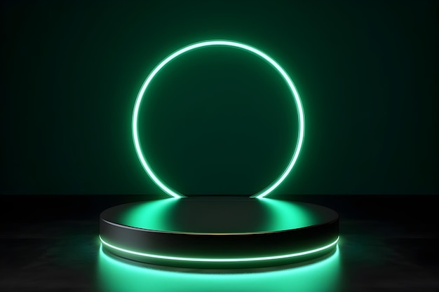 Modern empty green podium pedestal with neon glowing green circle light on stage for product