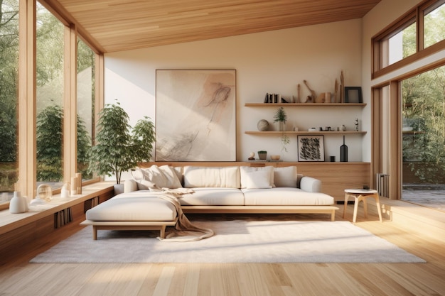 A modern empty interior of a home designed in a ScandinavianBoho style depicted in a rendering