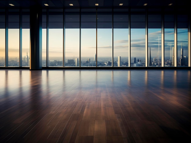 Modern empty interior space with big glass windows with cityscape view