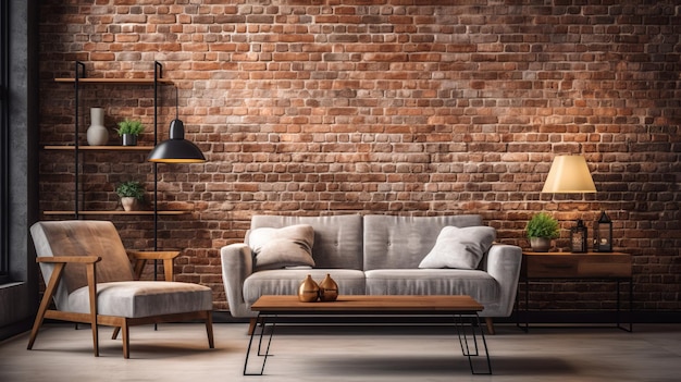 modern empty living room and area with brick wall background