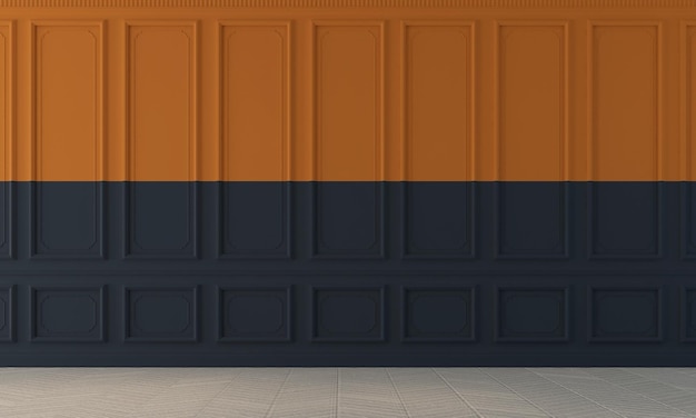 현대적인 빈 거실 인테리어 디자인과 주황색 및 파란색 패턴 벽 배경