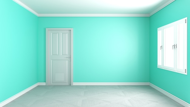 Modern empty living room interior, mint wall mockup background. 3D rendering.