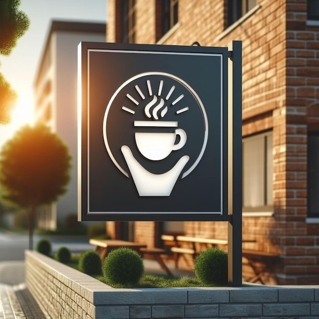 modern empty logo of located on a sign outside a brick building on a sunny morning