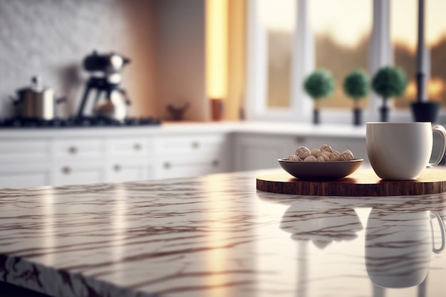 Modern empty marble tabletop on blurry kitchen interior background Generative AI illustration