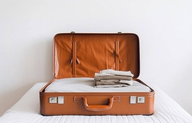 Photo modern empty openned suitcase on white bed on white bedroom back