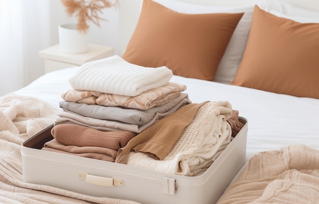 白い寝室の背景に白いベッドに現代的な空の開いたスーツケース