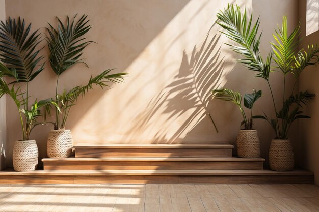 Modern empty pastel brown concrete counter table top in sunlight palm leaf shadow on stucco texture wall for luxury organic cosmetic skincare beauty treatment product display background 3D