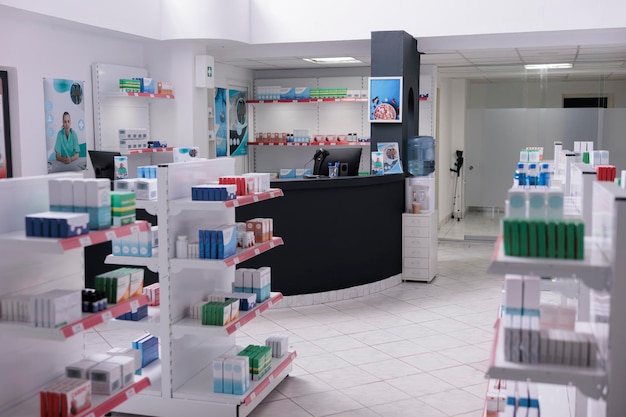 Modern empty pharmacy equipped shelves full of supplements, pills, vitamin package. Drugstore with nobody in it ready for opening to customer. Health care products, medicine service support